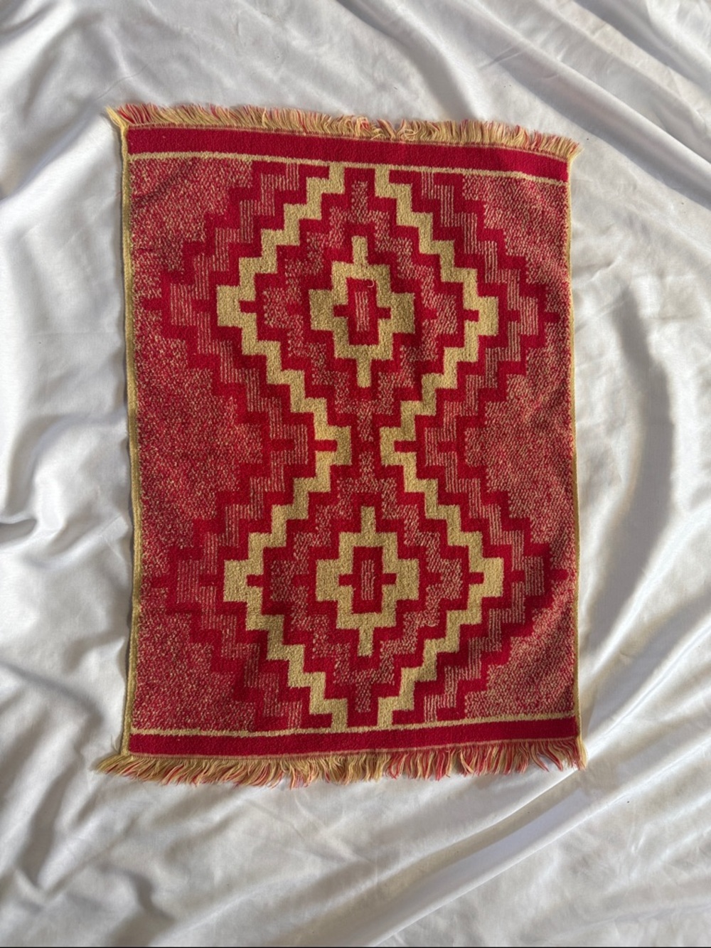 Vintage Sears Red and Cream Geometric Hand Towel with Fringe